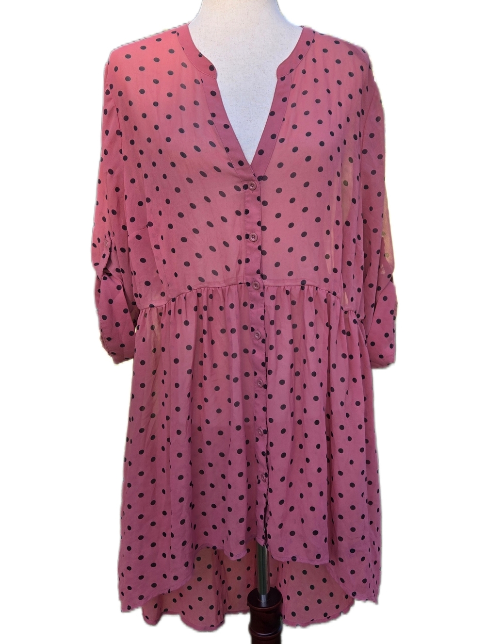 Torrid Pink Polka Dot Sheer Button Front Hi-Lo Tunic Top Size Torrid 2